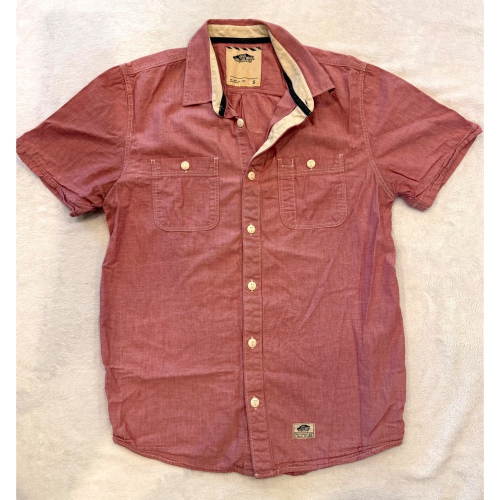 Vans Off The Wall Mens Short Sleeve Button‎ Down Shirt Red Heathered Chambray S